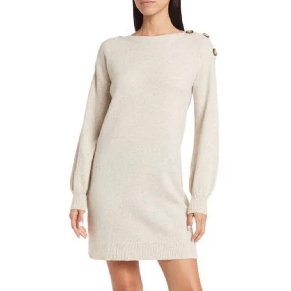 Madewell Balloon Sleeve Boat Neck Button Shoulder Merino Wool Sweater Dress